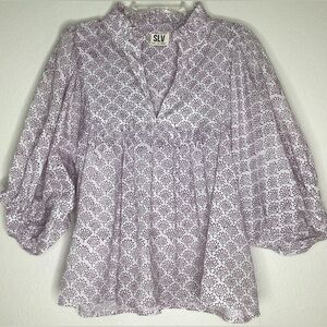 SLV Sur La Vague Women's White And Purple Puff Sleeves Blouse Size 5(M-L)